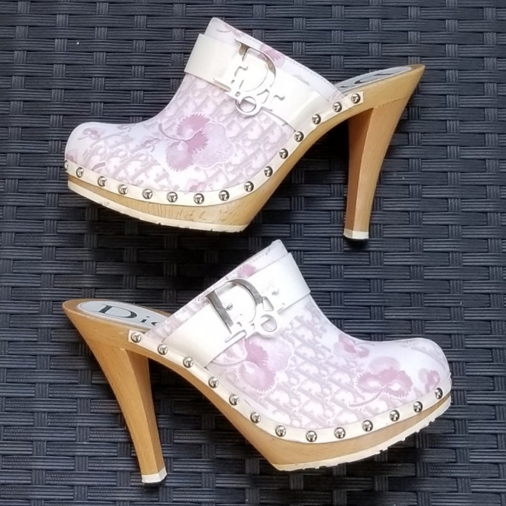 Dior Pink Floral Canvas Studded Wood-Heel Clogs - Picture 3 of 9